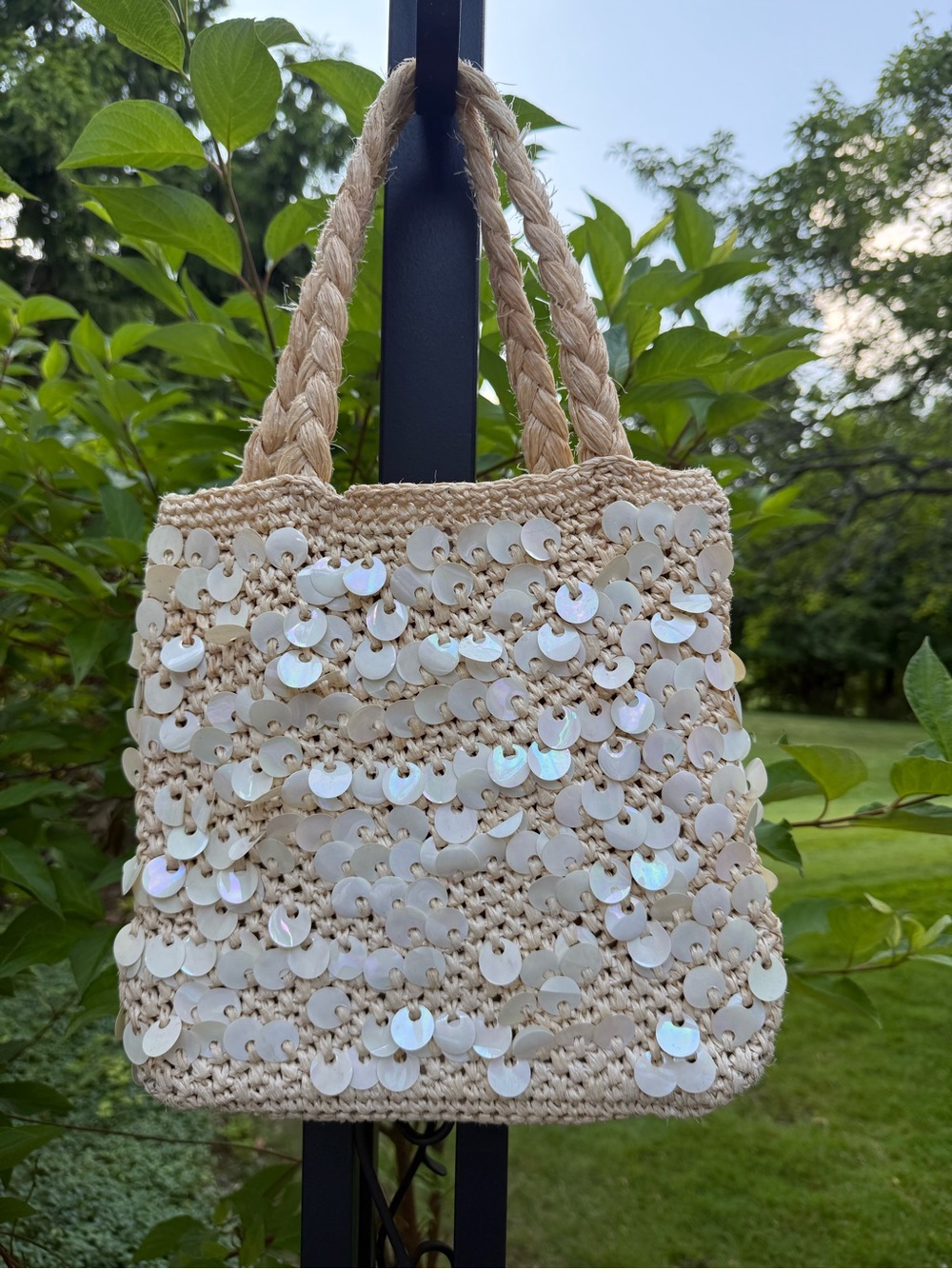 Hand made in Japan vintage walborg  Beige Sequin Straw Tote Bag - Lightweight